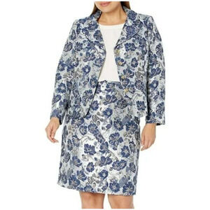 Tahari 18 2 Piece Jacket Skirt Set Womens Plus Floral Silver Metallic Blue
